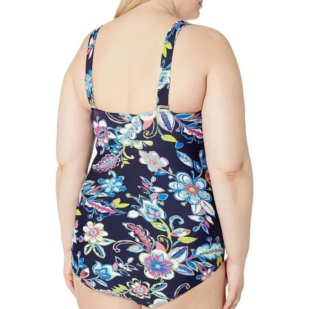 Anne Cole Twist Front 22W Bandeau Removable Straps 1PC Swimsuit Paisley Slimming